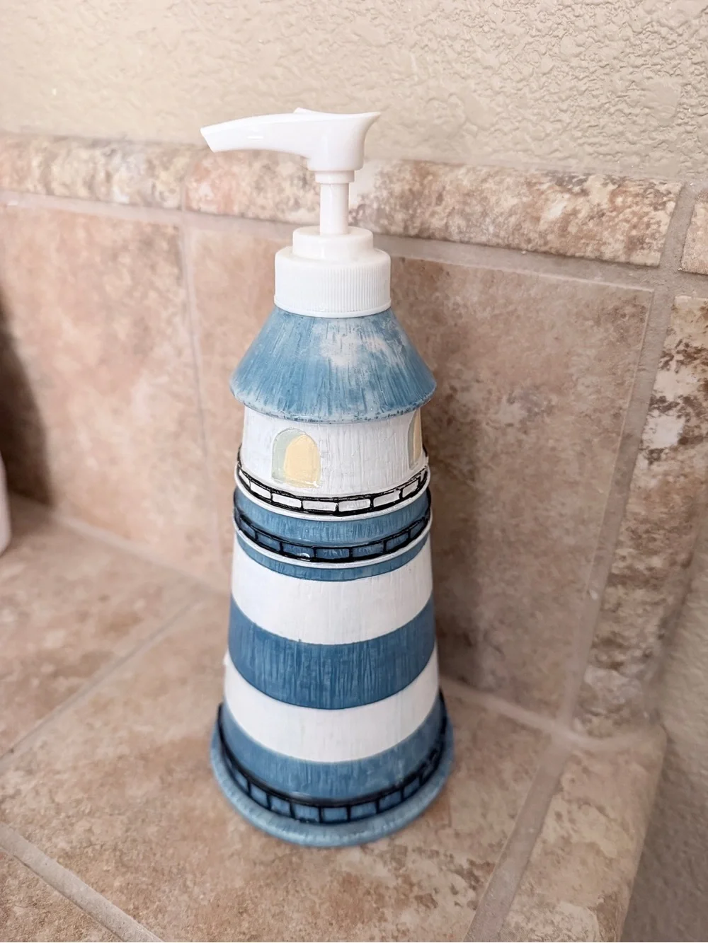 White and Blue Lighthouse Soap Dispenser - Home Bath